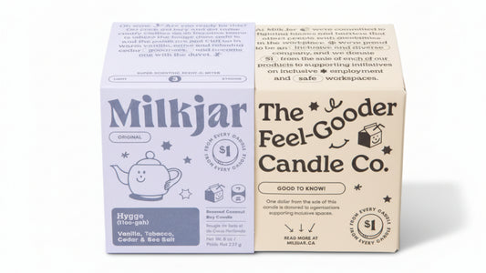 Two candle boxes from Milkjar and The Feel-Gooder Candle Co. on a white background