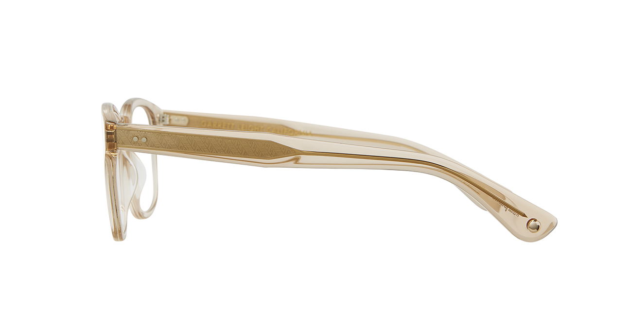 the cult-favorite Ace Sun transformed into an optical. Ace II reflects the standard way in which we design and create premium eyewear. We’re not reinventing the wheel here – just putting some rims on ‘em. In a color we call brew, a translucent frame with a light hue of amber/brown. This image shows the complete sideview.