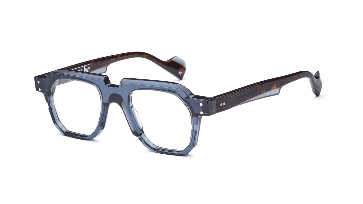 Eyeglasses with a blue-tinted frame on a white background