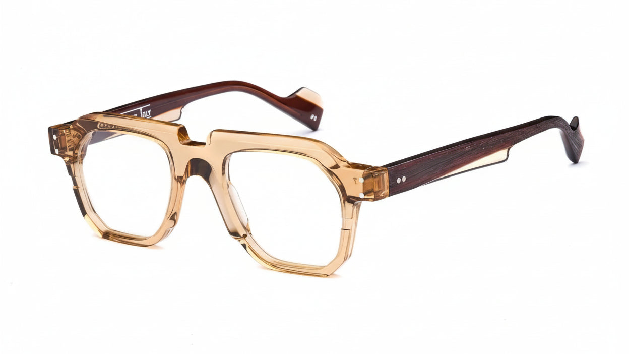 Pair of eyeglasses with a brown frame on a white background