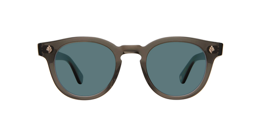 Sunglasses with dark frames and blue lenses on a white background