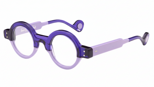 Round eyeglasses with purple and light purple frame on a white background