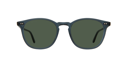 Sunglasses with dark green lenses and navy frames on a white background