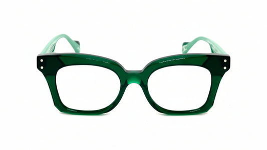 Green eyeglasses with light green temple tips on a white background