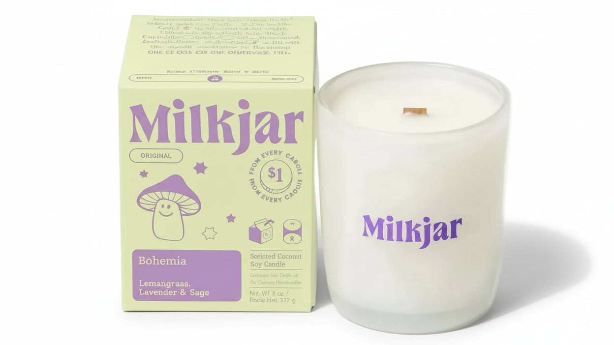 Milkjar bohemia candle and packaging on a white background