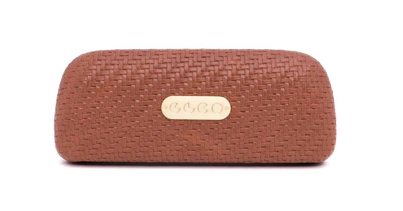 Brown textured rectangular hard case with a gold GLCO garrett leight logo on a white background