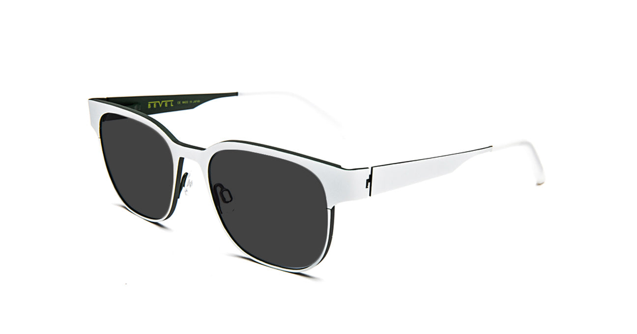 White bevel sunglasses with dark polarized grey lenses on a white background