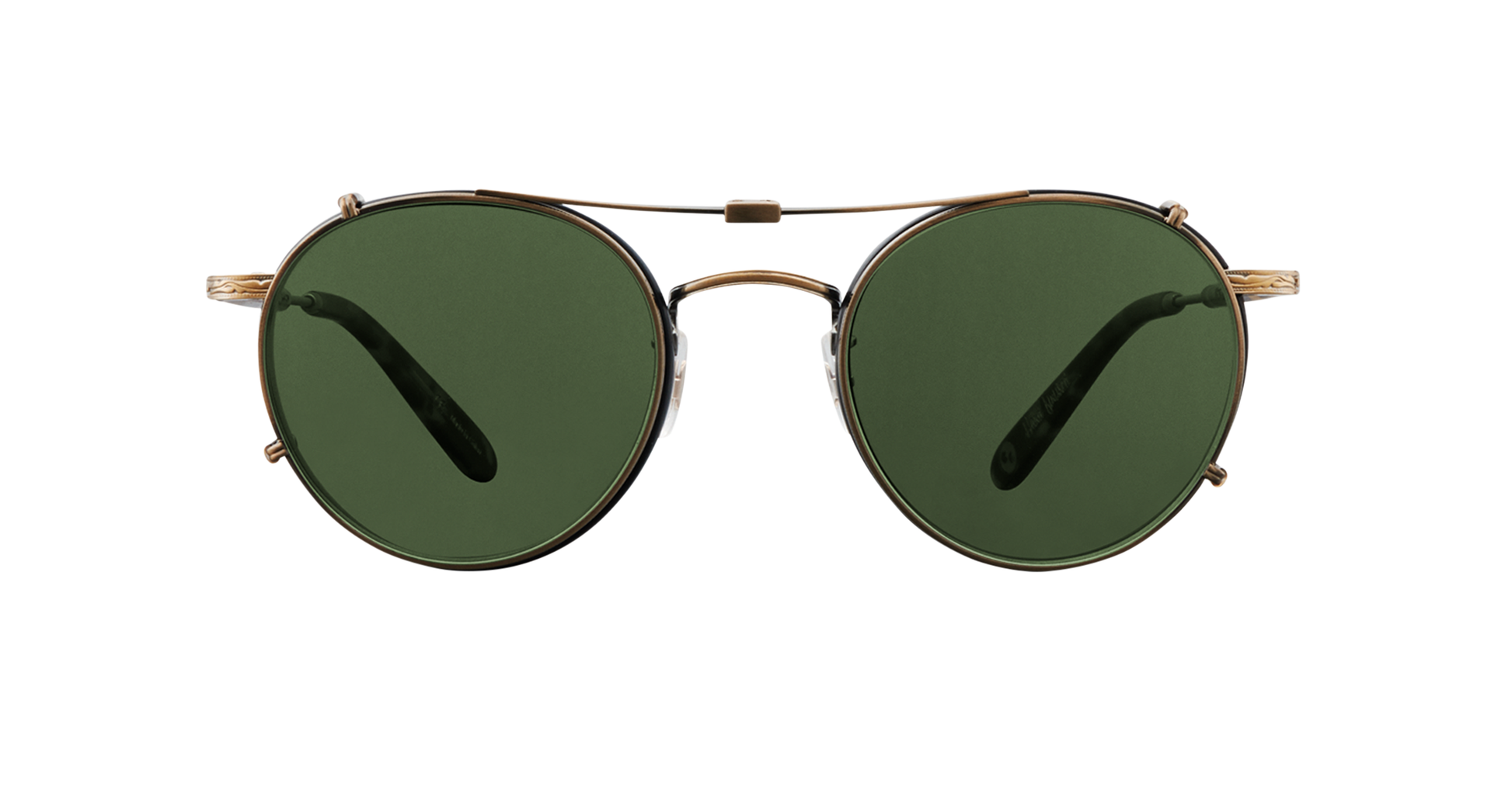 A antique gold Garrett Leight stainless steel folding sun clip with green tinted lenses, designed to attach to Wilson eyeglasses, displayed against a plain background.